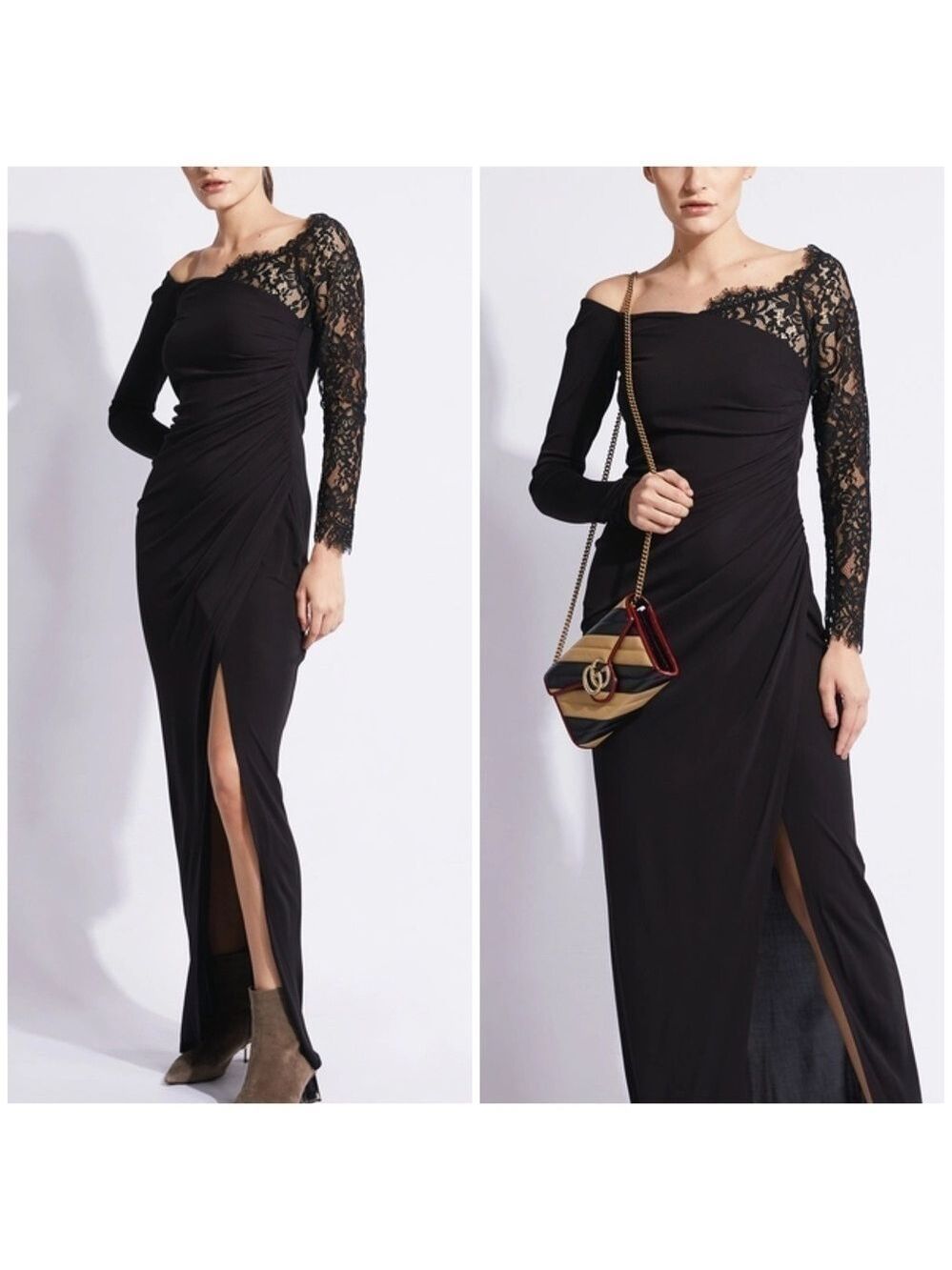 PRABAL Gurung Tirana Off The-Shoulder Jersey Lace Sleeve Maxi Dress in Black